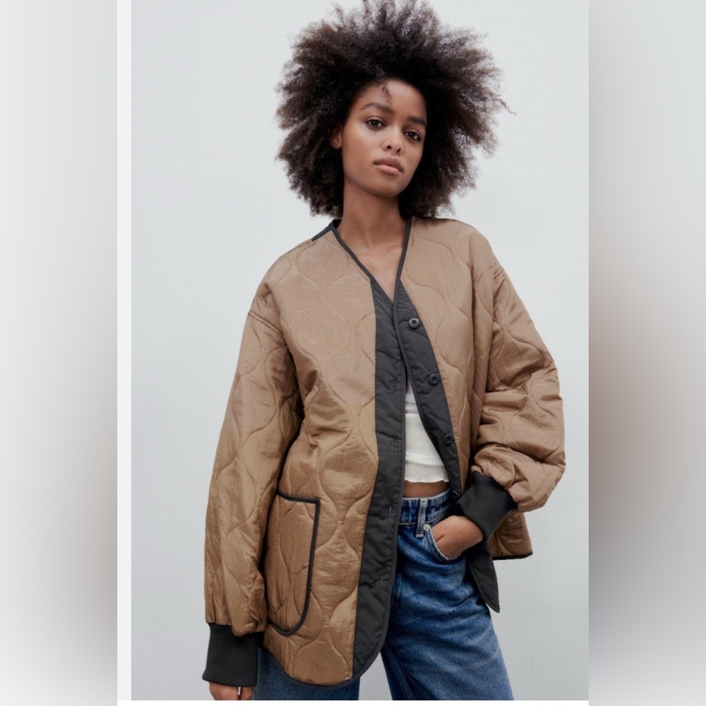 ZARA Quilted Bomber Jacket in Tan and Black, EUC, Oversized